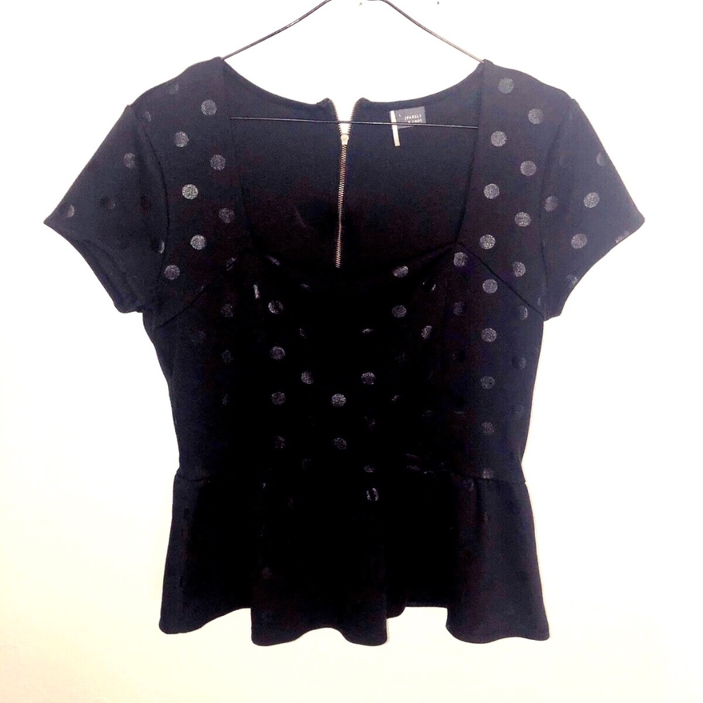 UO Sparkle & Fade Black Polka Dot Peplum top